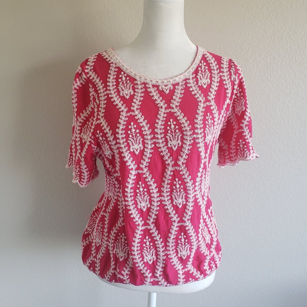 Solitaire Embroidered Bright Pink Top Boxy Elastic Hem Boho Peasant Size S